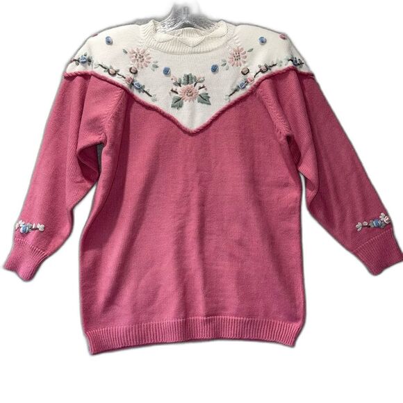 Vintage Dana Scott Pink Embroidered Floral Sweater Size S - Picture 1 of 9